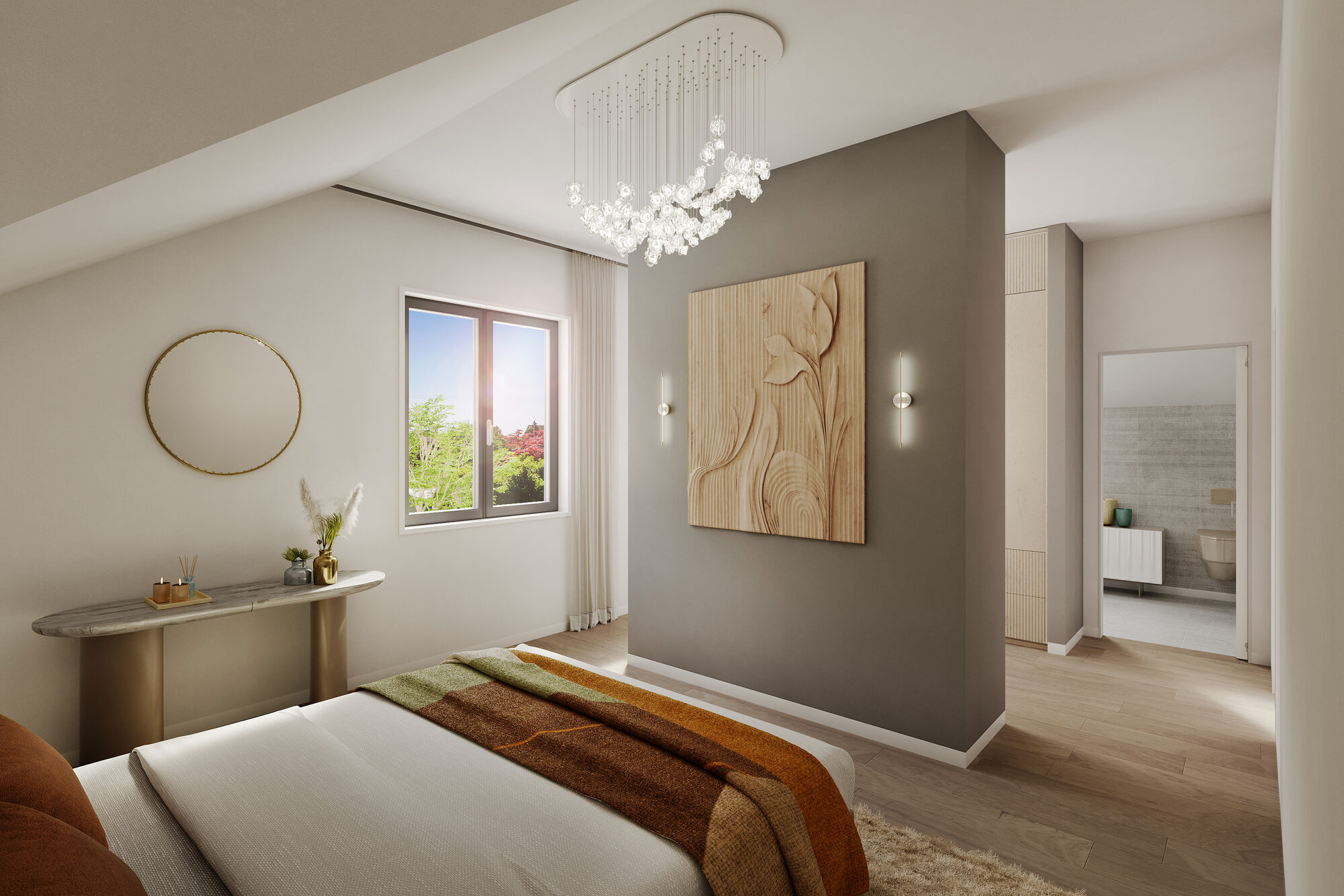 Chambre à l'étage, ouverte sur le jardin
