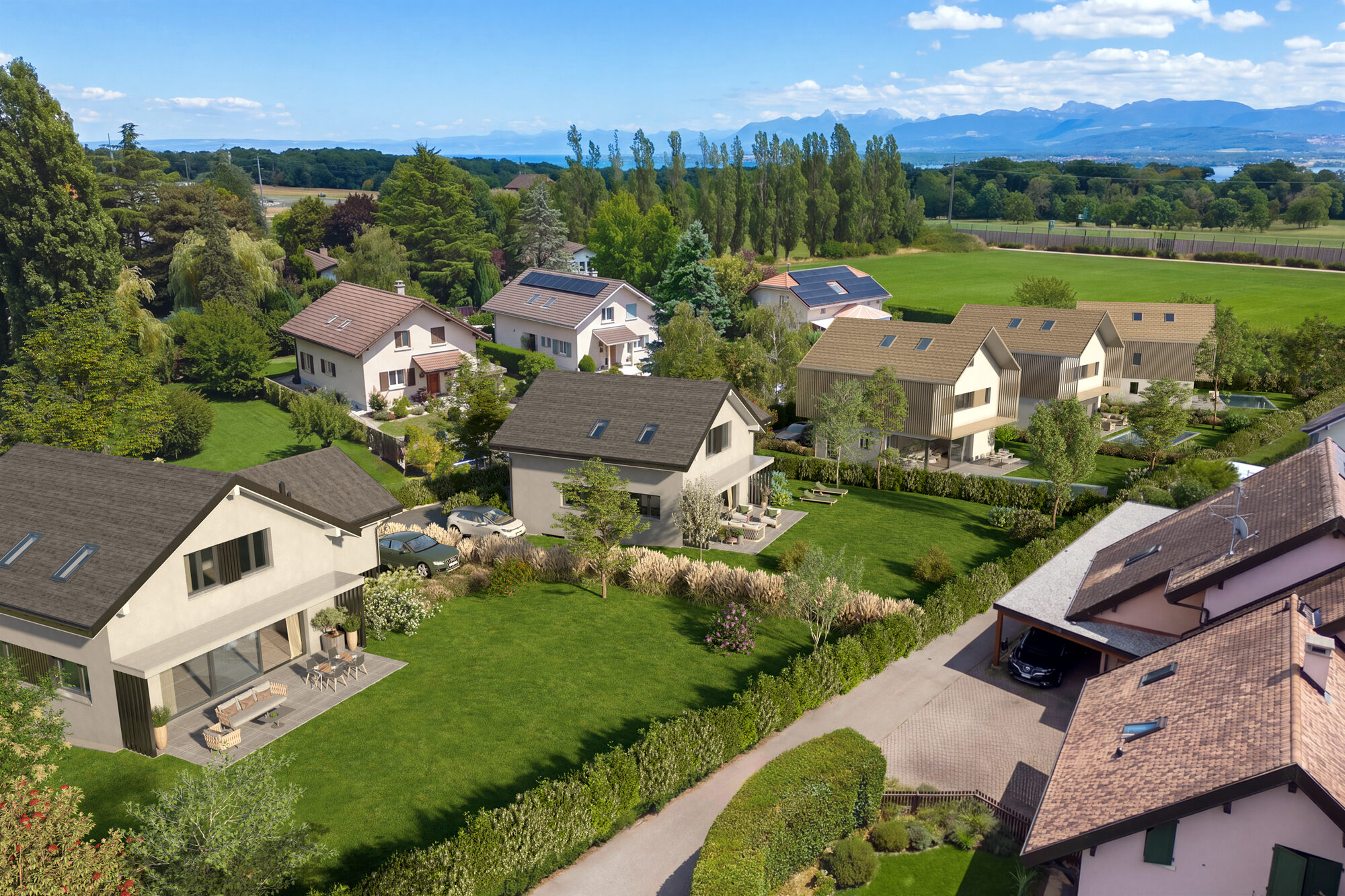 Vue aérienne : les villas individuelles et le quartier